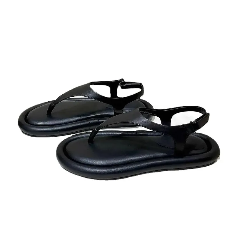 Fashion Beach Women Sandals Black White Leather Summer Shoes Ankle Buckle Flats Simple Round Toe Sandalias Comfortable Flip Flop