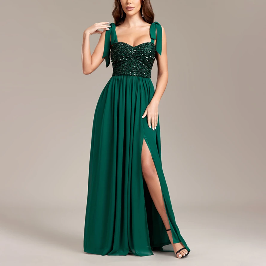 Robe de soirée fendue taille haute à lacets pour femmes, robes de graduation, robe longue à paillettes, vert, mode sexy, dos nu, fibre