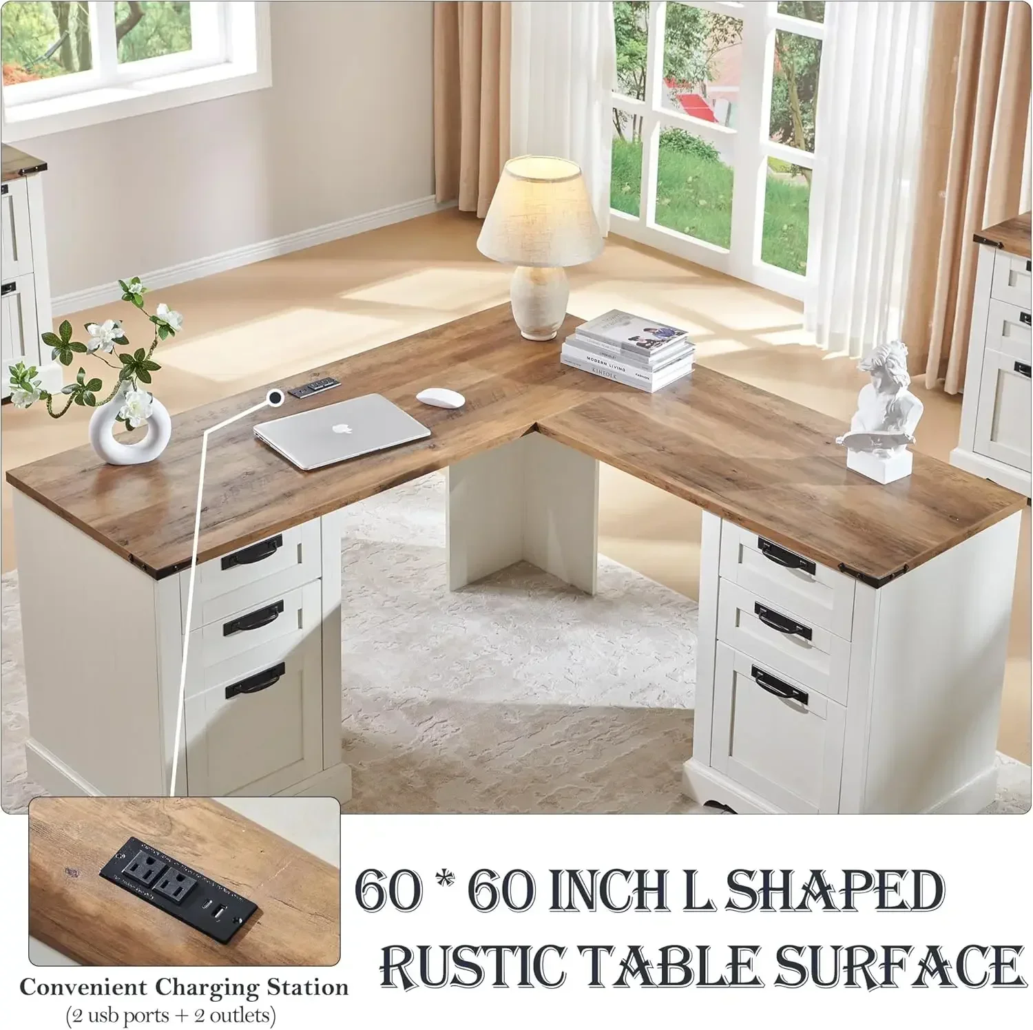 مكتب تنفيذي على شكل حرف L مقاس 60 بوصة، مكتب منزلي خشبي، درج ملف، خزانة تخزين، مكتب كتابة كمبيوتر ريفي