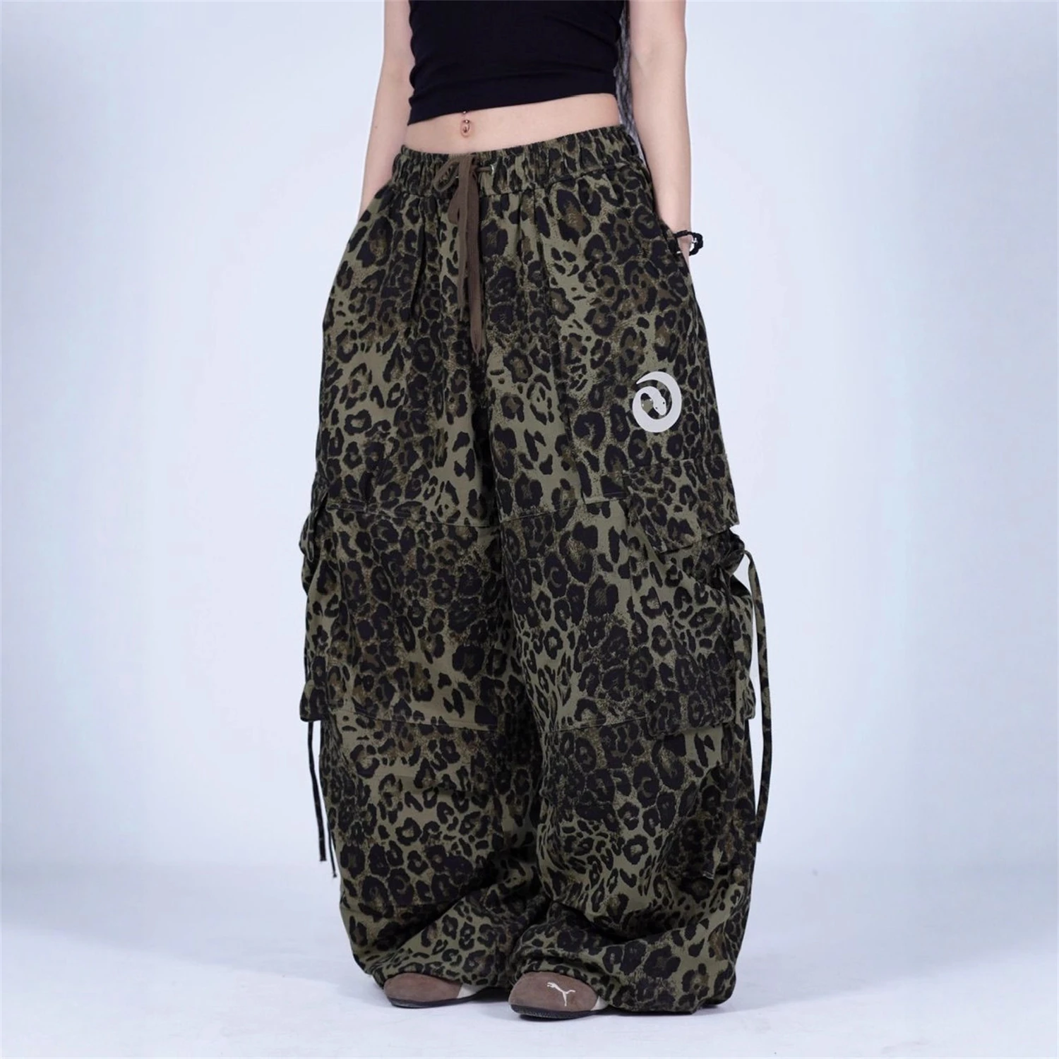 Y2K Women's Leopard Print Harem Pants 2025 New Style Snake Embroidery Multiple Pockets Loose Casual Streetwear Trousers