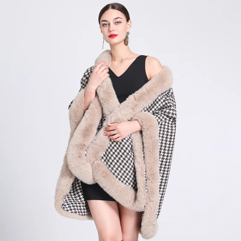 Fashion Full Trims Faux Fur Weave Houndstooth Cape Overcoat Big Thick Luxury Cloak Winter Women Coat Dress Mantle Wraps