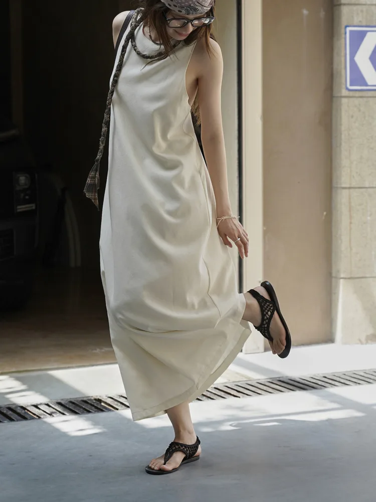 [LANMREM] Fashion Solid Color Dress For Women Sleeveless Backless A Line Dresses 2025 Summer New Tide 26DA1298