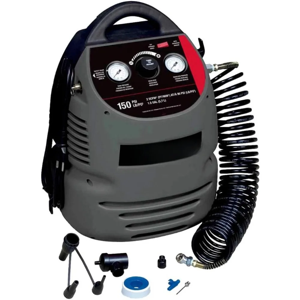 

Air Compressor Kit, 1.5 Gallon, Oil-Free, Fully Shrouded, Hand Carry, 25-Feet Hose (CMB15)