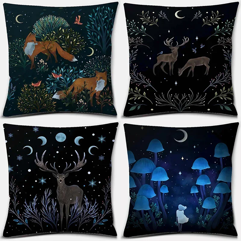 Animal Moon Pattern Series Floral Decoration Pillowcase Dark Night Starlight   Living room home decor