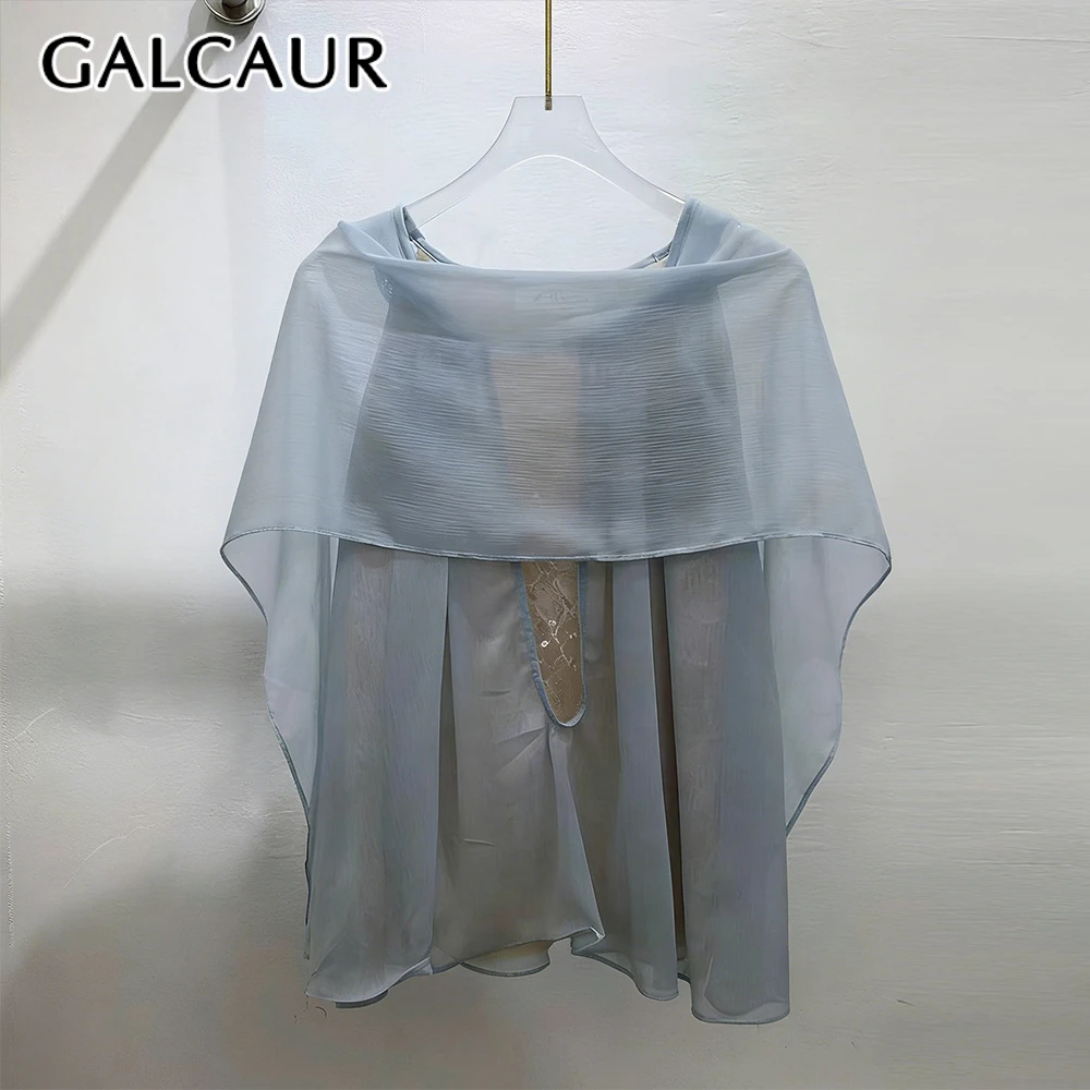 GALCAUR Solid Slimming Spliced Mesh T Shirts for Women Round Neck Sleeveless Patchwork Sequins Elegant Top Female Fashion New