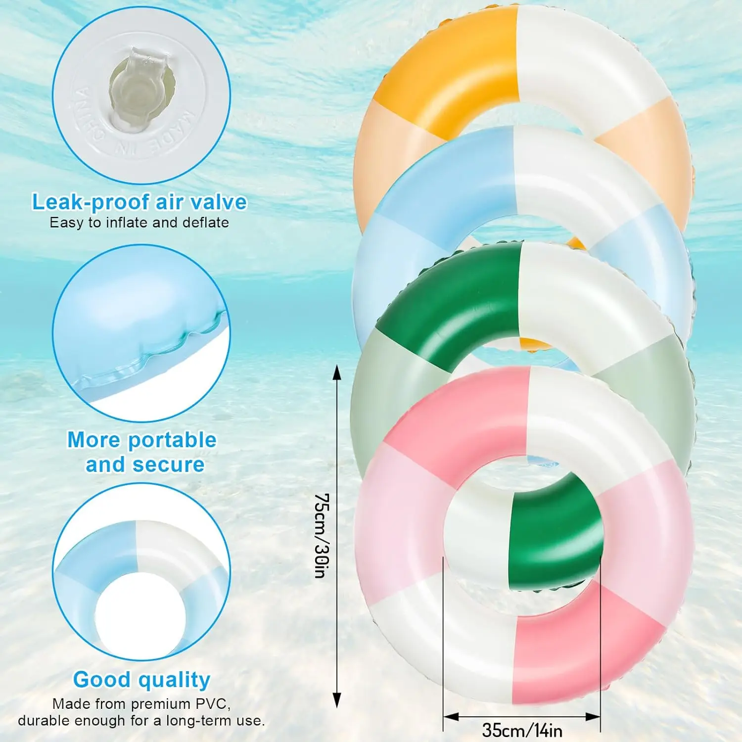 Flotador inflable para piscina, 4 Uds., 4 colores, anillos de natación a rayas Retro, tubos de piscina para adultos y adolescentes, pieza de despedida de soltera en la playa de verano
