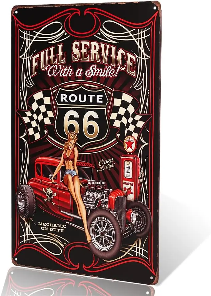 dingleiever-Full Service Hot Rod Route 66 Die Cut Metal Sign pin up girls with smile vintage Garage wall art