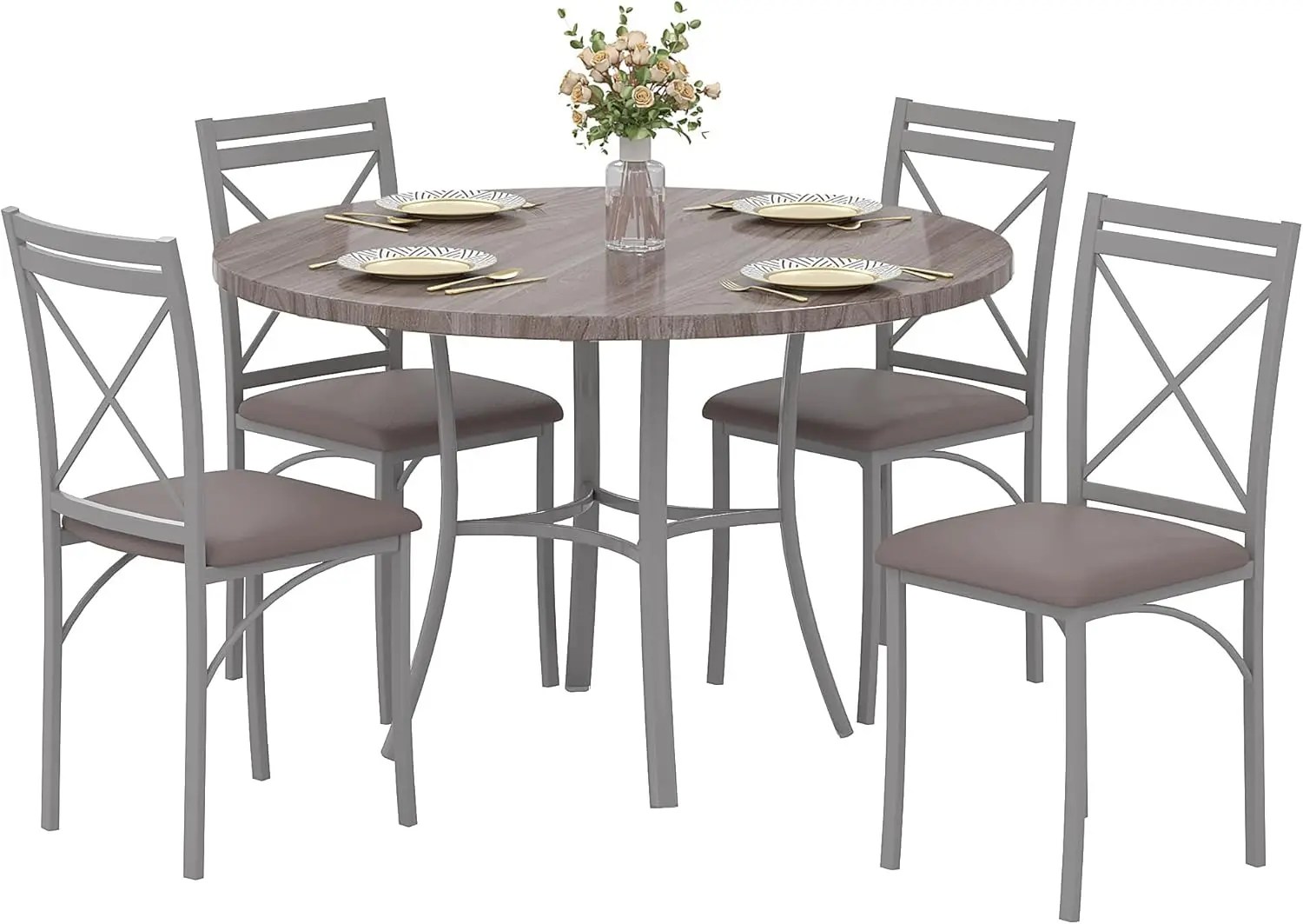 

5-Piece Light Grey Wood Grain Dining Table Set for 4, Compact Kitchen or Breakfast Nook