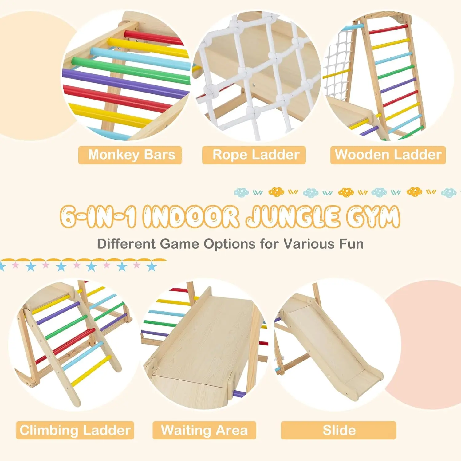 Gym dans la jungle d'intérieur, jouets d'escalade Montessori 6 en 1 pour tout-petits avec toboggan, filet d'escalade, barres de singe, grimpeur d'aire de jeux en bois