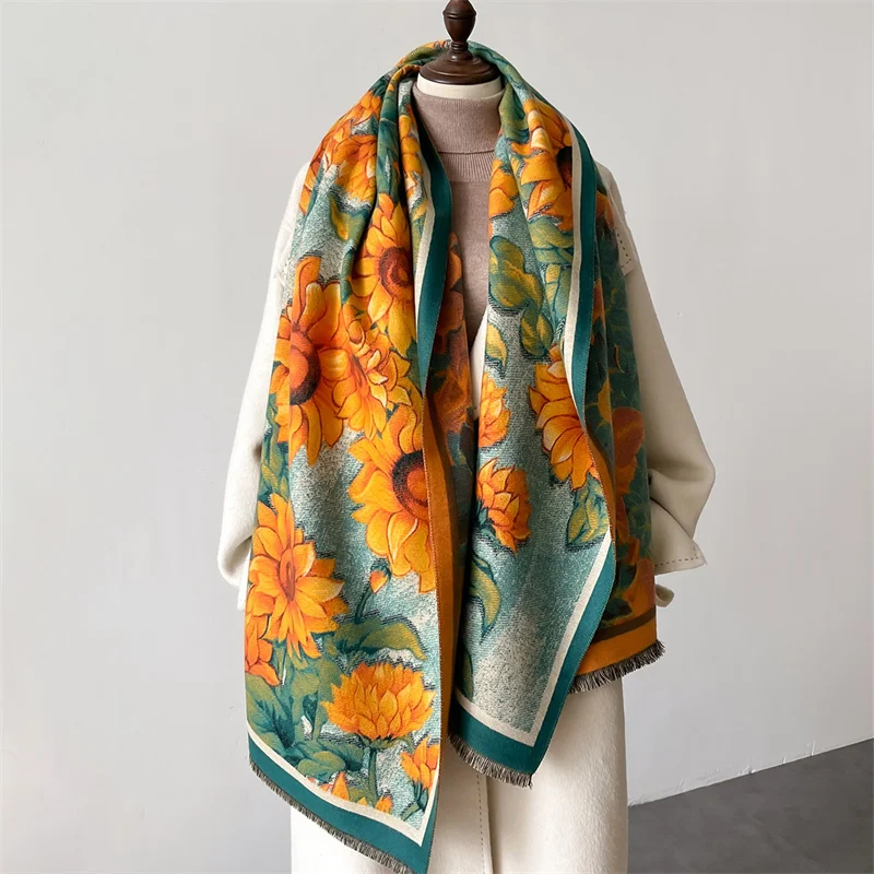 2024 Elegant Floral Painting Cashmere Scarf for Women Warm Winter Pashmina Shawl Foulard Femme Blanket Scarves Wraps