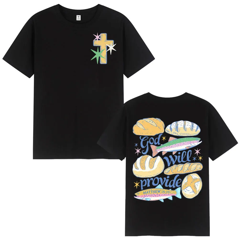 Fish and Loaves God Will Provide Christian Bible Verse T-shirt Vintage Fashion Short Sleeve T Shirt Unisex Casual Loose T-shirts