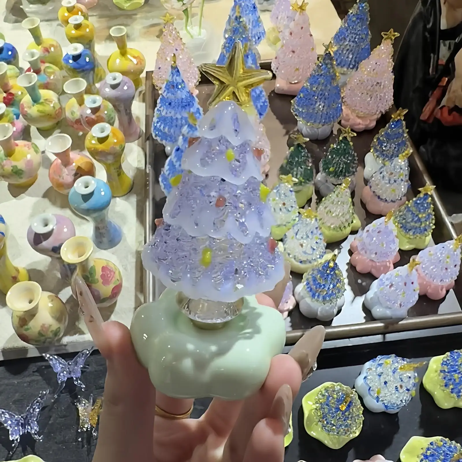 زينة شجرة عيد الميلاد السيراميكية المصنوعة يدويًا، زخرفة زجاجية كهدية لأفضل صديق، بأسلوب جينغدتشن، دوارة بلمسة نهائية غير لامعة #5