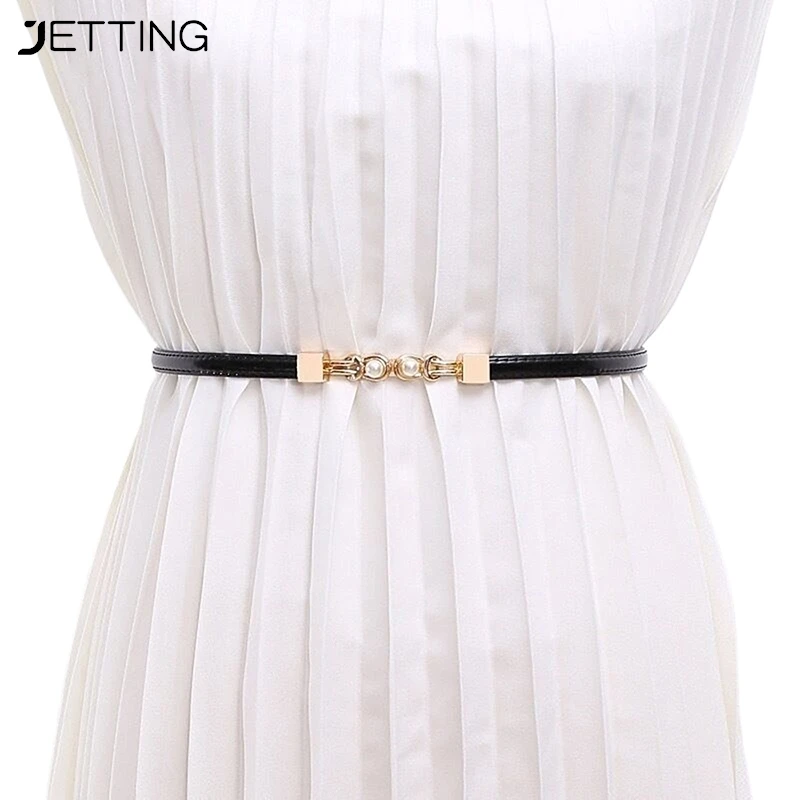 

New Women's Belt Creative Double Pearl Leather Dress Waist Elastic Thin Belt Elegant Women Fashion Accessory Female Belt