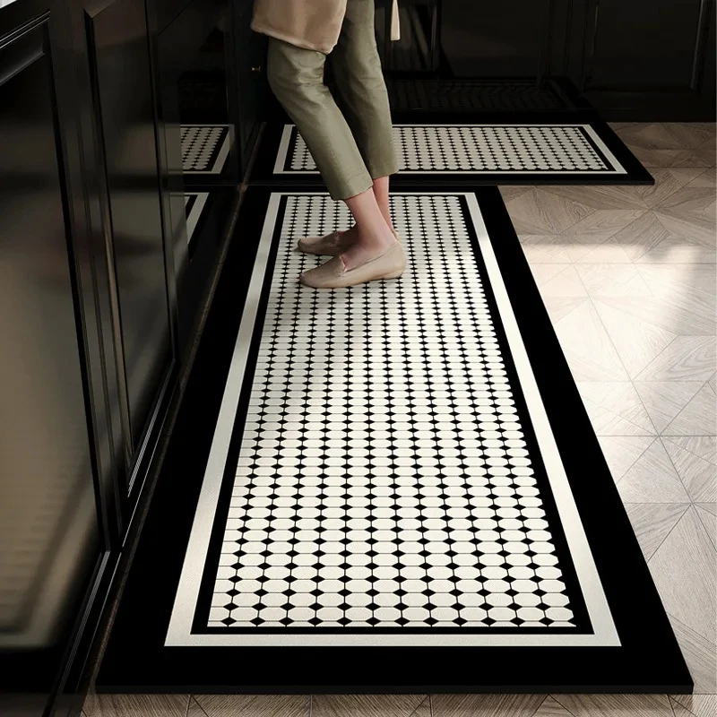 VIKAMA 2 Pcs Kitchen Rug Set Non-Slip Oil Proof Washable Black White Vintage Tile Print Floor Mats for Kitchen Sink