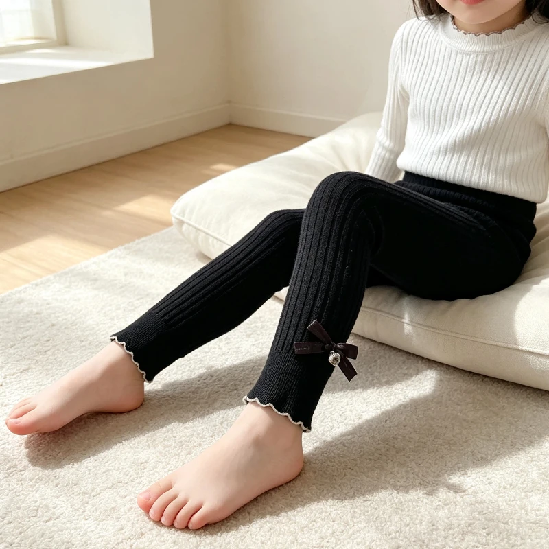 Cute Girls Leggings Red Blue Plaid Material Multiple Assorted Ornaments Locked Lace Hem Skin‑Friendly Wearable Nine-Point Pants