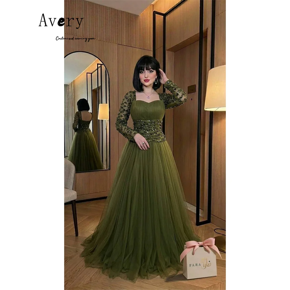 Avery Custom Green Square Collar Embroidered Long Sleeves Women's Evening Dress for Event Dresses 2026 Luxury Evening Luxurious