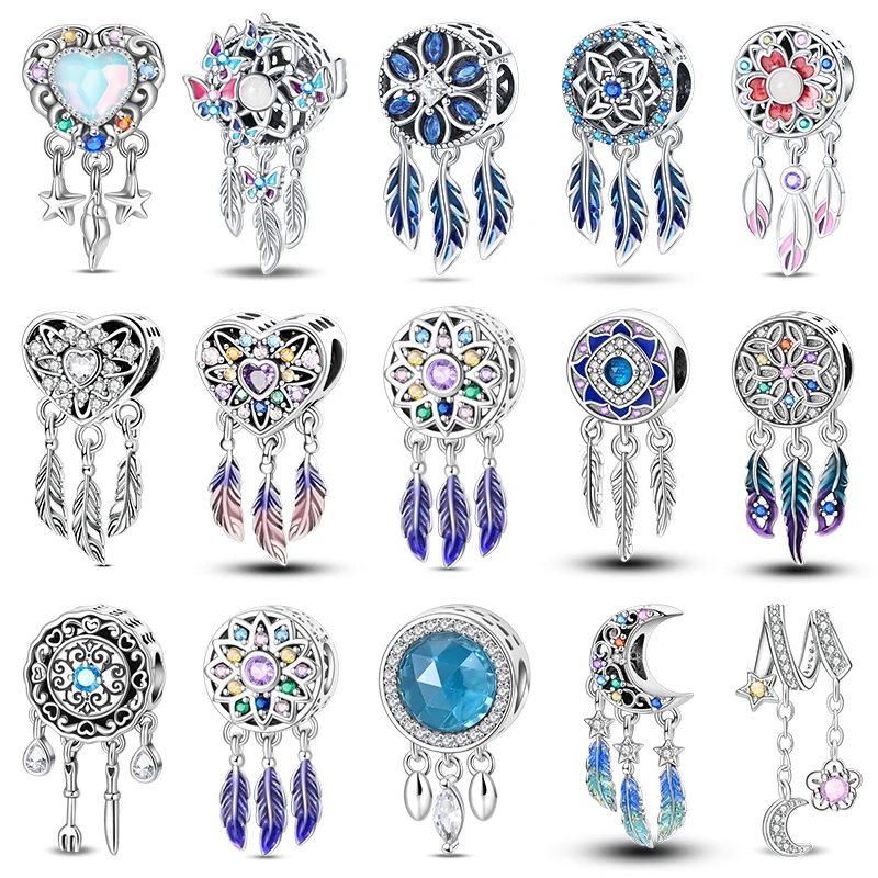 Mode 925 Sterling Silber Feder Bunte Leuchtende Traumfänger Charms Bead Fit Original Armbänder Exquisite DIY Schmuck Geschenk