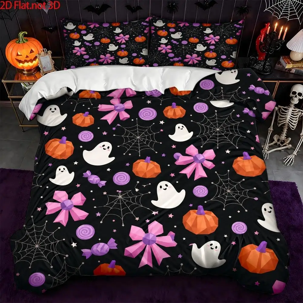 Three-Piece Duvet Cover Set Halloween Ghost Pumpkin Bow (1*Duvet Cover+2*Pillowcases), Comforter Sets Quilt Cover Bedding Set Breathable Polyester Invisible Zipper Machine Washable