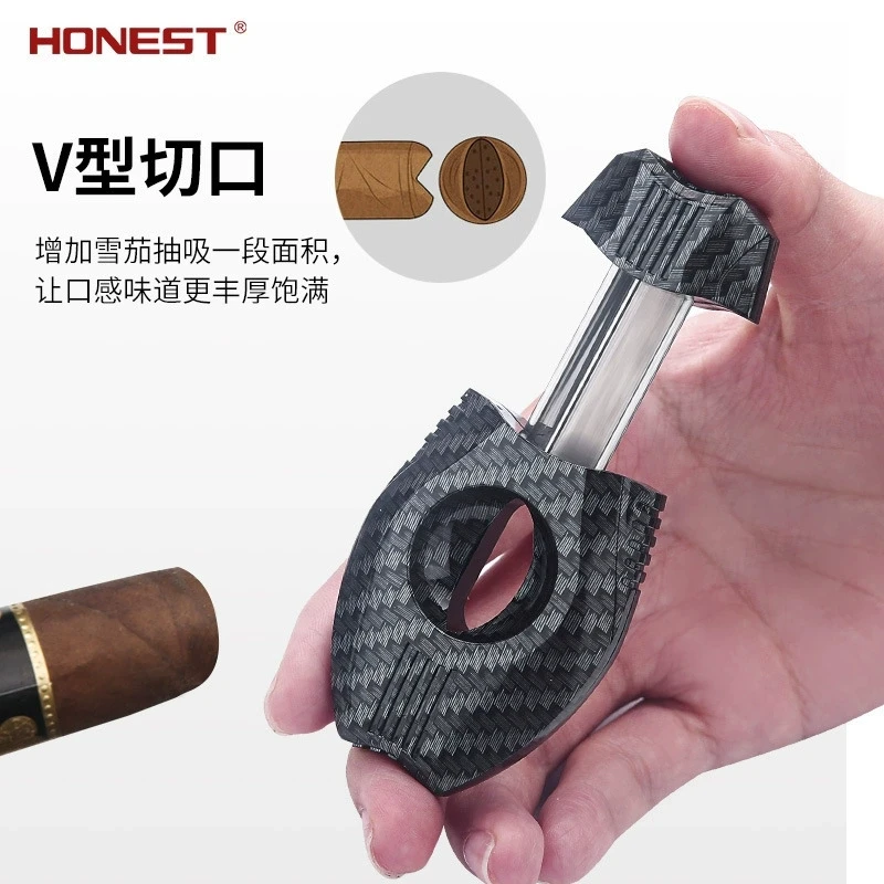 Portable Carbon Fiber Texture Cigar Scissors Stainless Steel Sharp V Cut Cutter With Cigar Punch Pocket Outdoor Smoking Gadget
