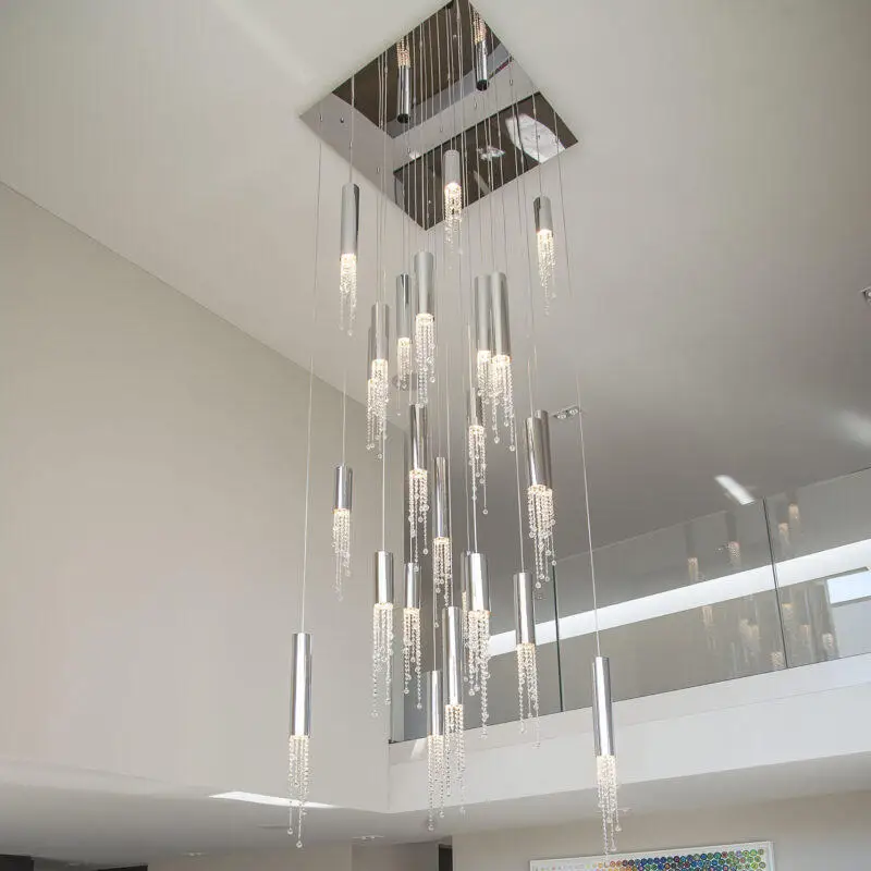 Luxury Large Staircase Crystal LED Pendant Light Gold Silver Hanging  Fixture Suitable Corridors Lobbies Ceiling Chandelier