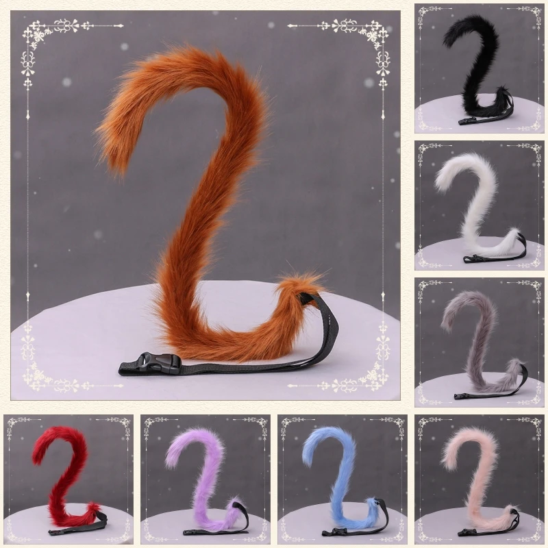 80cm Long Plush Cat Tail Lolita JK Girl Women Cosplay Accessories Maid Props Cute Adjustable Furry Animal Tail Faux Fur Fursuit