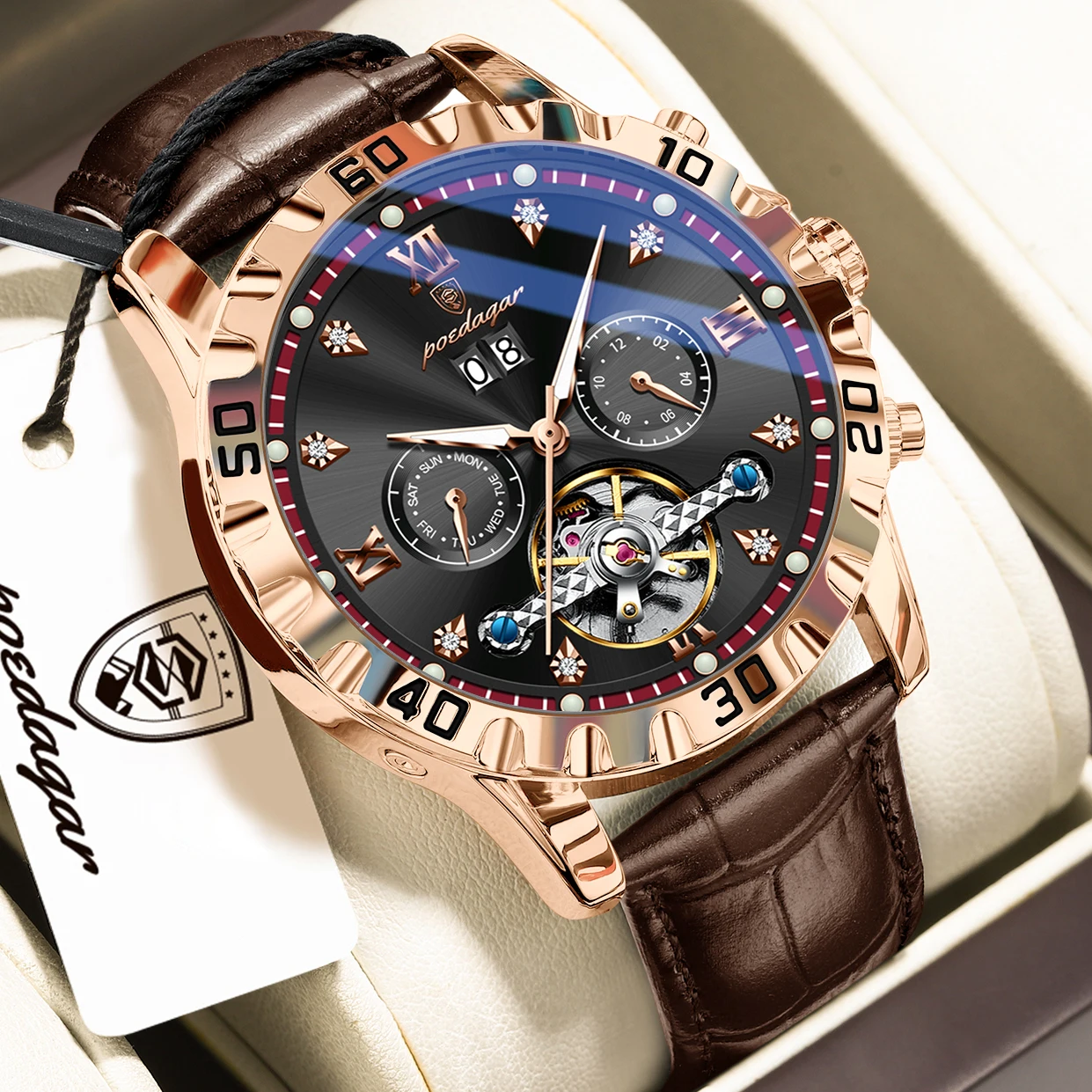 

POEDAGAR Top Men's Watches Mechanical Leather Men Clock Date Week Hollow Tourbillon Automatic Man Watch Fashion Male Wristwatch