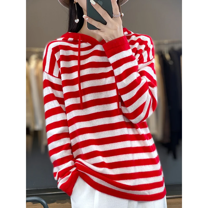 مخطط هوديي المرأة 100% ميرينو رداء علوي من الصوف الخريف والشتاء موضة محبوك مخطط هوديي سميكة الدافئة الملابس النسائية