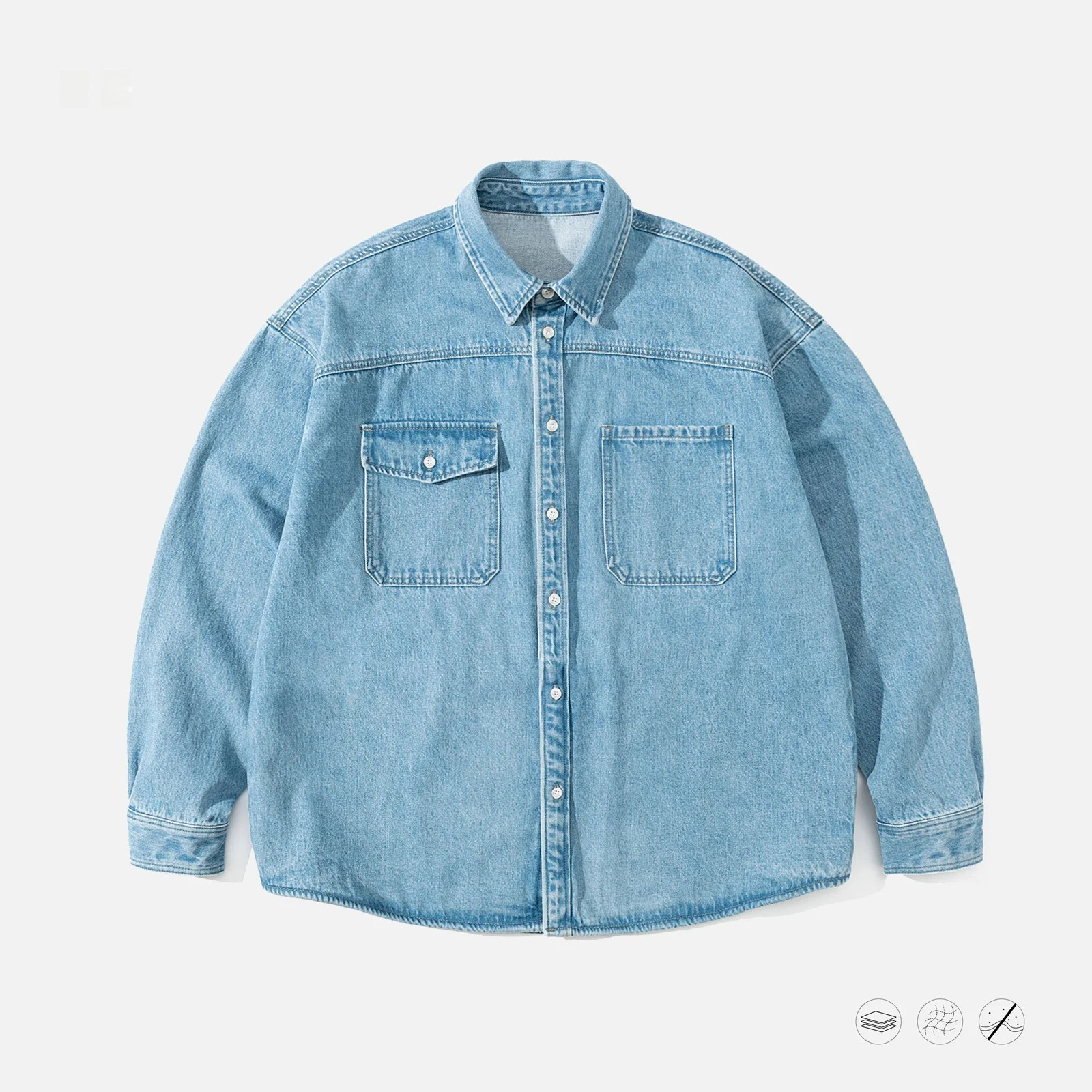 

Retro Washed Loose Fit Snowflake Denim Shirt Jacket Men's Casual Long Sleeve Flip Collar PU Leather Outerwear Youth Fashion