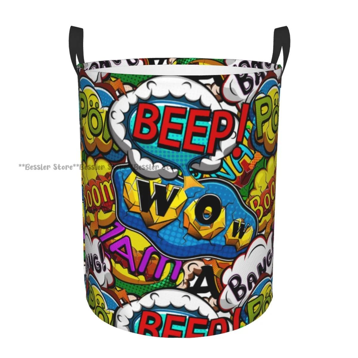 Folding Laundry Basket Comics Bubbles Beep Wow with Boys Supernatural Dirty Clothes Storage Bucket Clothing Organizer Hamper