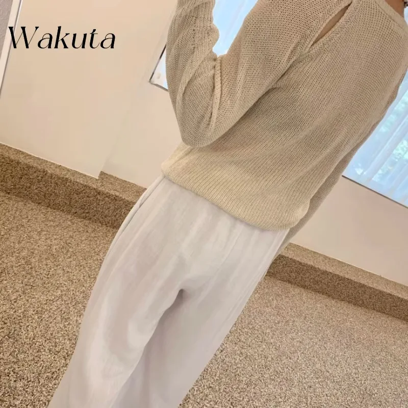 WAKUTA Off Shoulder Hollow Out Knit Tshirts Womens Sweaters Autumn New 2024 Solid Color O Neck Loose Elegant Pullovers Mujers