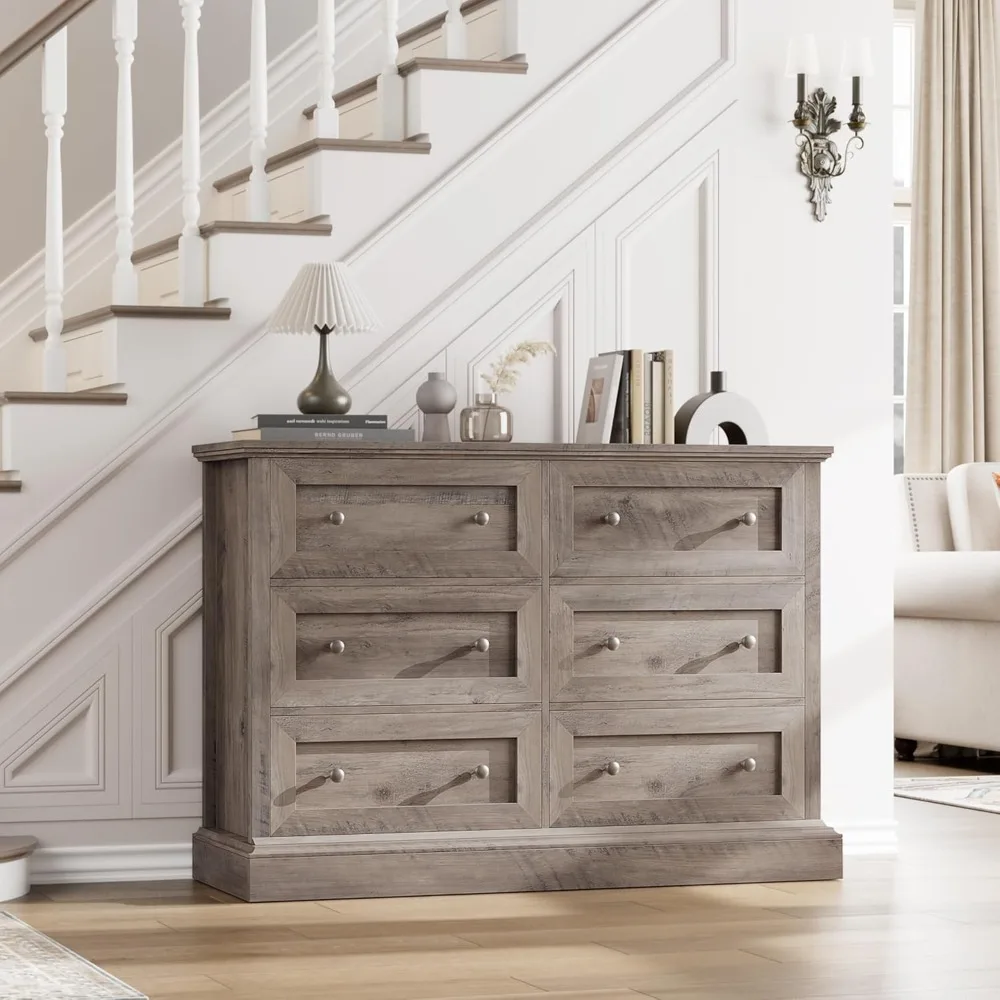 Modern 6 Drawer Double Dresser, Wood Dresser Chest, Wide Chest of Drawers with Deep Drawers & Mental Double Handles