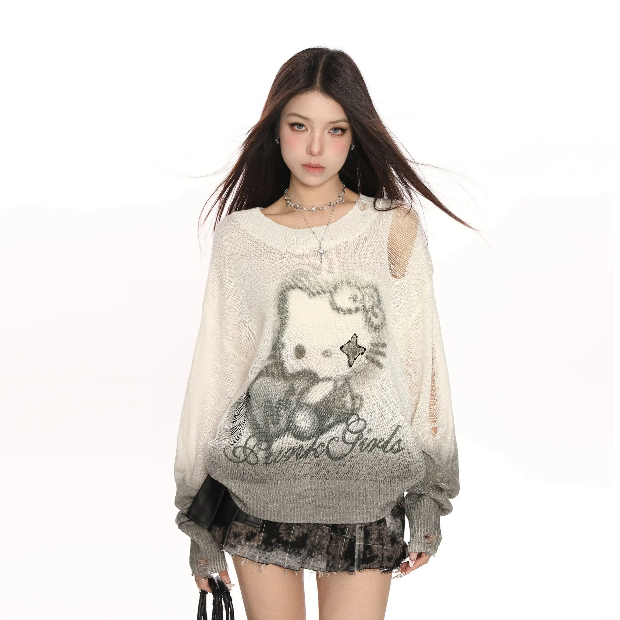 

Sanrio Cartoon Hello Kitty Gradient Long Sleeve Knitted Top Women's Spring/Summer New Style Pullovers Sweet Broken Hole Mesh Top