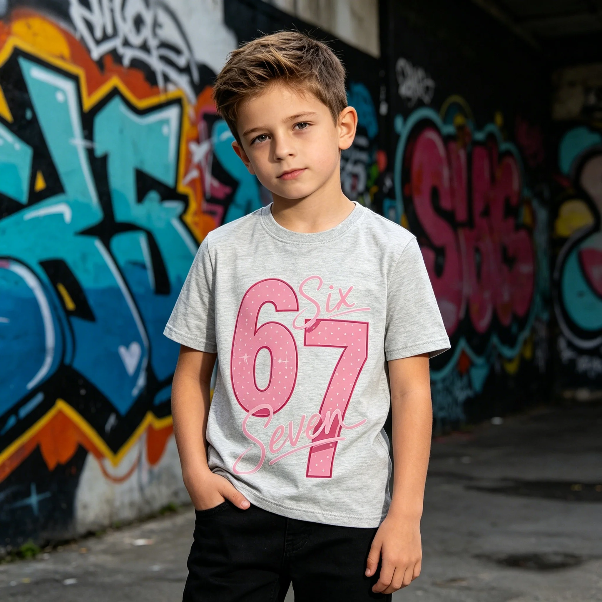Pink 67 Alphabet Number Graphic Tee for Kids Loose Fit Soft Cotton Breathable for Daily Casual Sport