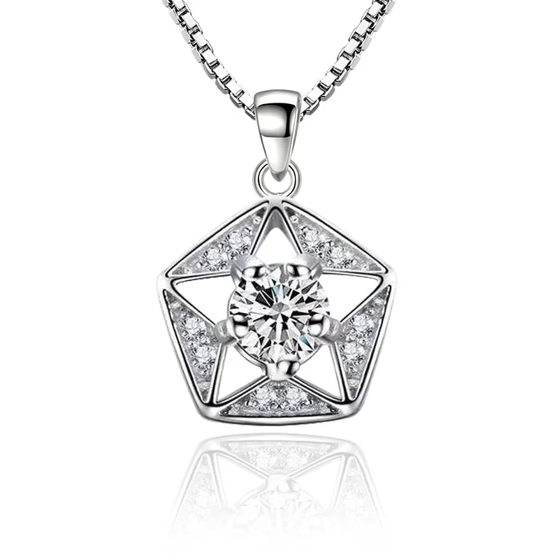

925 Sterling Silver Necklace Hollow Geometric Pentacle Pendant Ladies Fashion Simple Birthday Wedding Anniversary Jewelry Gift