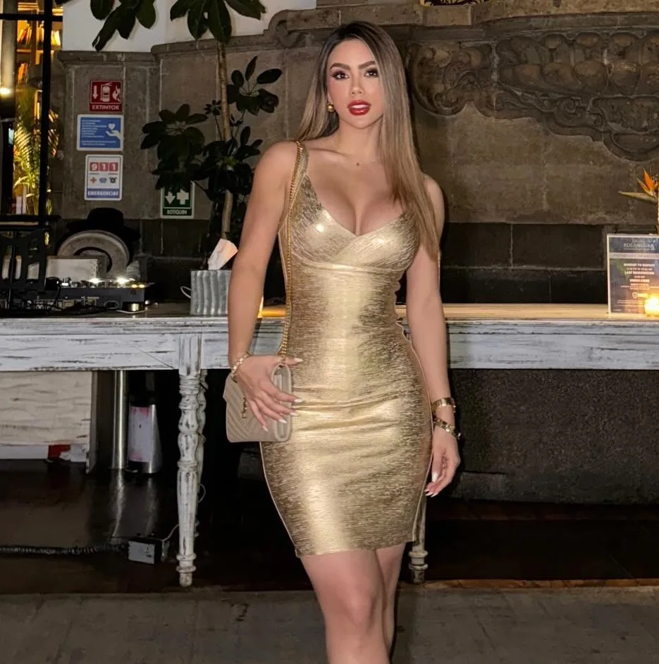 

Classic Party Dress Cross-Border High Street Glue Bandage Dress Elegant High Waist Polyester Thick Summer Dress without Sleeve