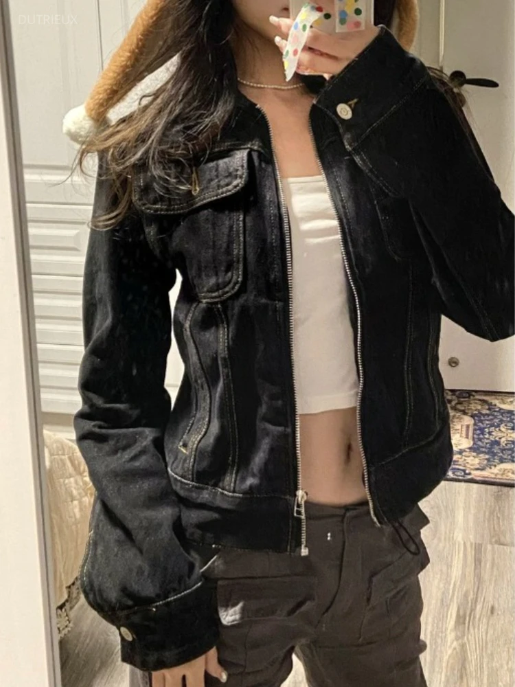 2026 Women Clothing Korean Jean Jackets Vintage Turndown Collar Streetwear Tunic Coats Crop Tops Casual Chic Zipper Y2k Jacket