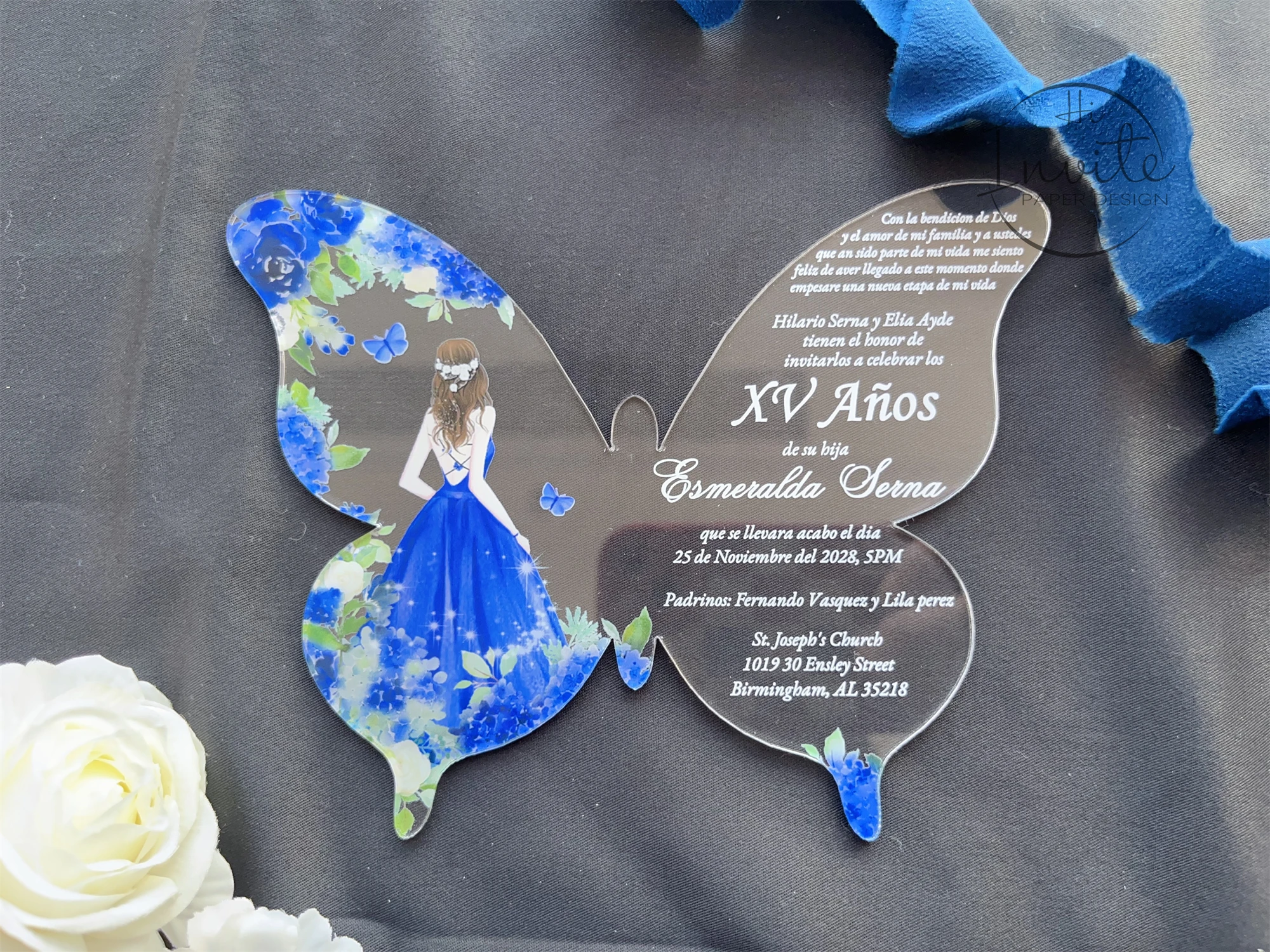 Royal Blue Rose And Butterfly Quinceañera Invitation, Fancy Sweet 15 Spanish Invite, Personalize Modern Mis XV Anos Invite