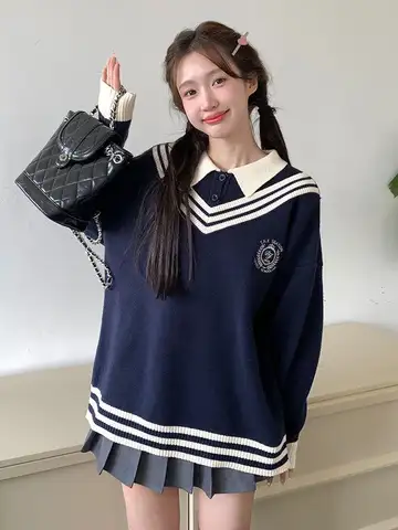 가짜 두 게으른 스타일 기본 스웨터 작은 키 대학 스타일 다목적 인테리어 스웨터 여성 한국 스타일 감소