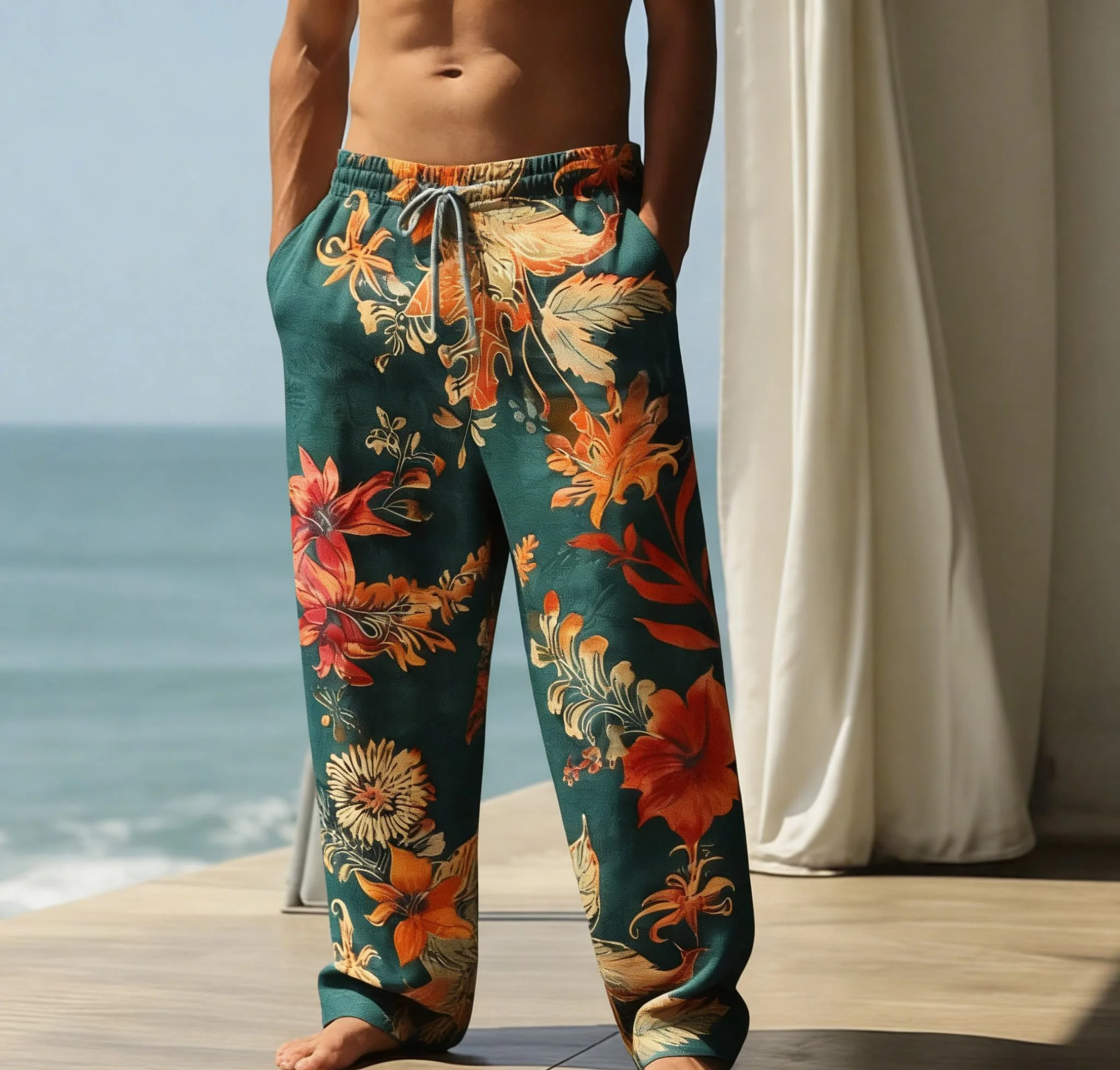 Men's Summer Thin Long Trousers with Elastic Waist, Casual and Versatile Hawaiian Print