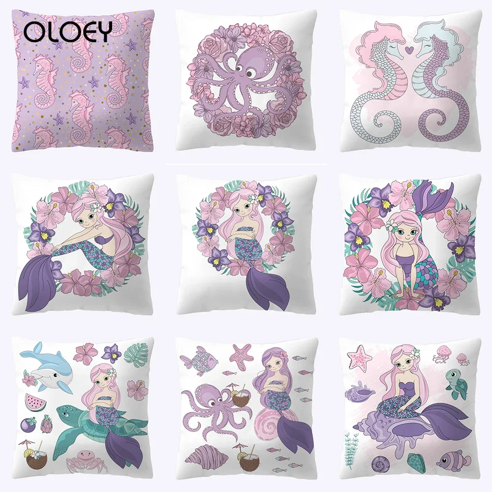 Marine Style Square Mermaid Pillowcase / Seahorse / Starfish / Conch Pillowcase Soft Cover Sofa Cover Home Decoration 45x45cm  .