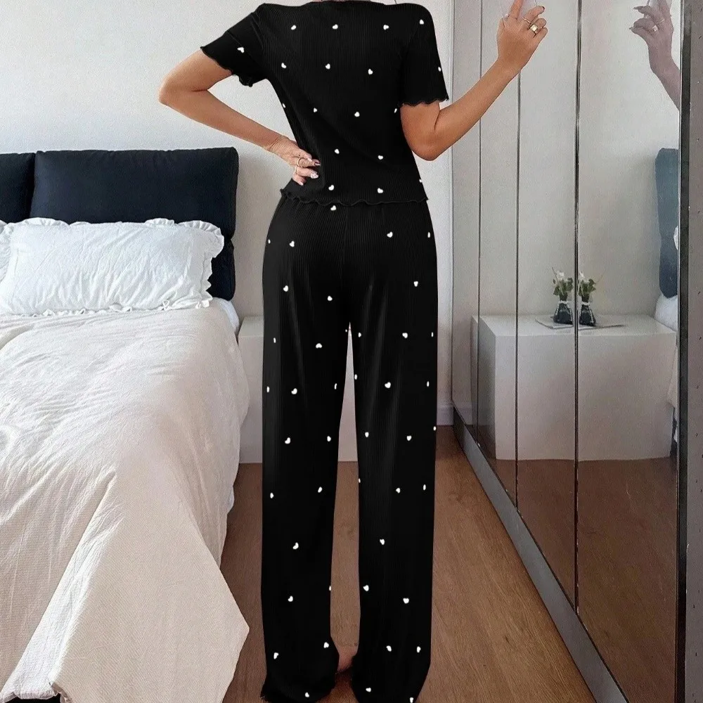 Sweet Short Sleeve Pajamas Set Striped Heart Nightwear Sets Ruffle Long Pants 2Pieces Nightdress Casual