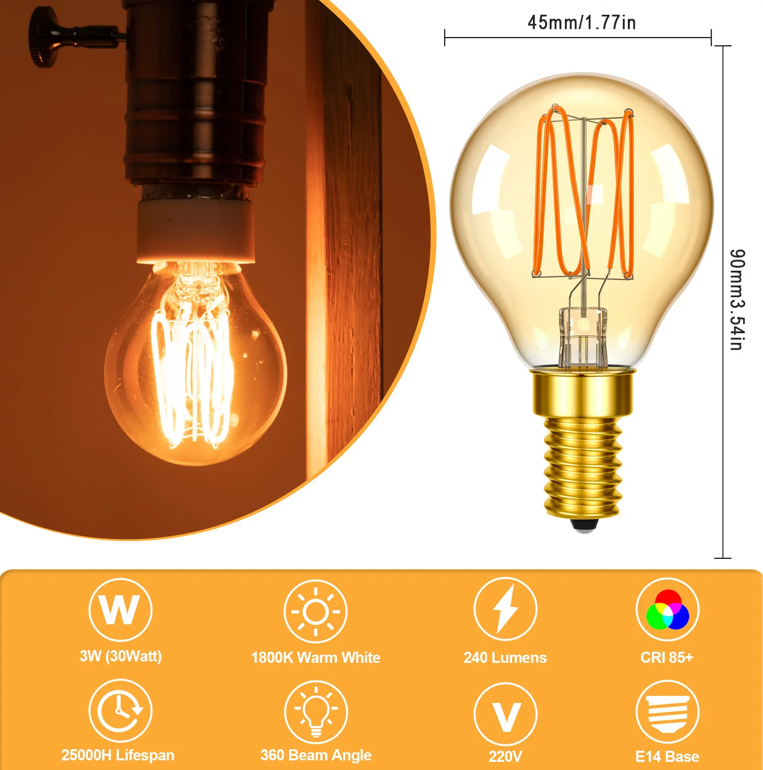 G45 Vintage Edison Bulbs Antique Filament Light Bulbs 1800K Warm White 220V E14 Light No Flcker for Pendant Bedroom Ceiling Fan