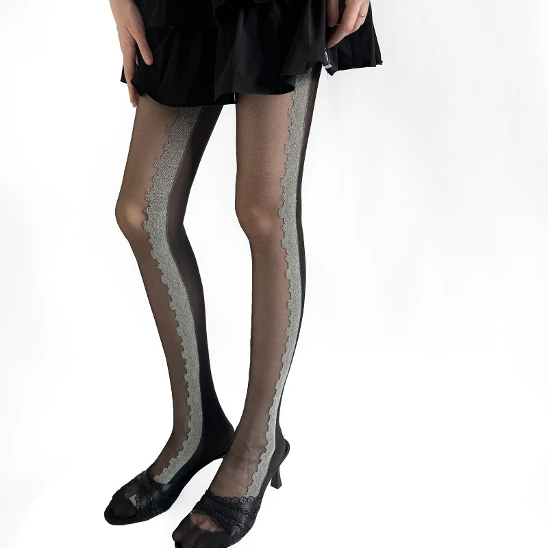 Retro Lace Tights Pantyhose Sexy Lingerie Ultra-thin Silk Stockings Women Tights Splicing Contrasting Color Pantyhose Stockings