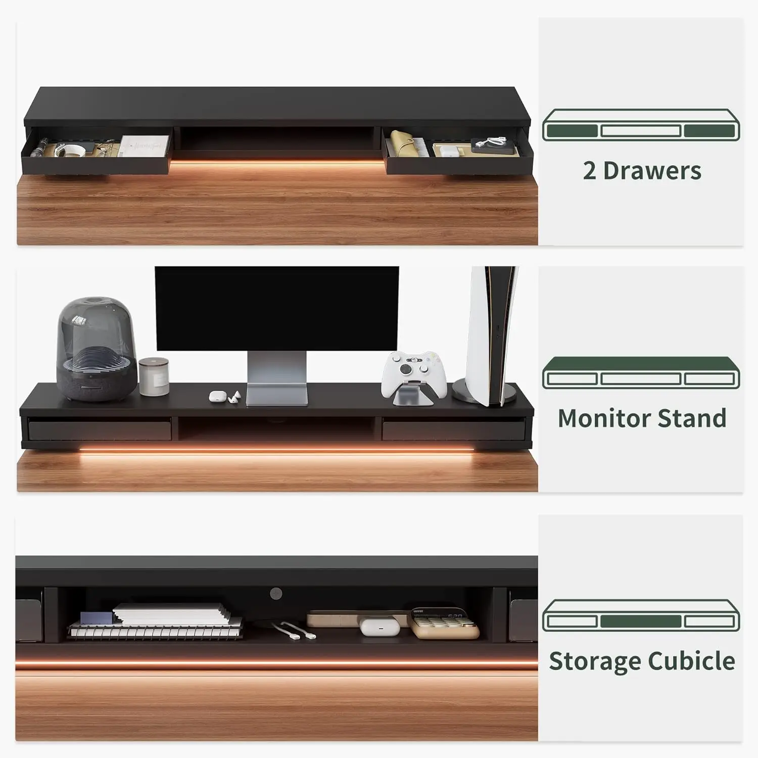 Height Adjustable Electric Standing Desk with Double Drawers, Stand Up Desk with LED Strips, Sit Stand Desk with Monitor Stand