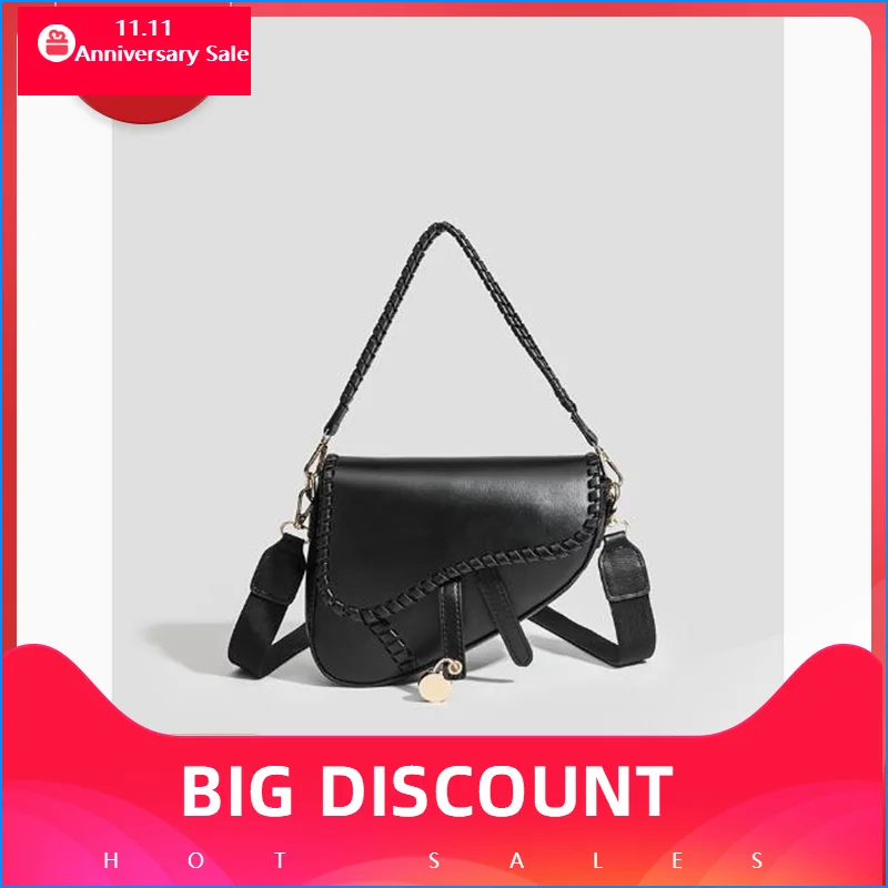 Woman Fashion Single Shoulder Bags Large Capacity Hobo Underarm Bag Saddle Shape Solid Color Metal Letter Pendant Crossbody Bag