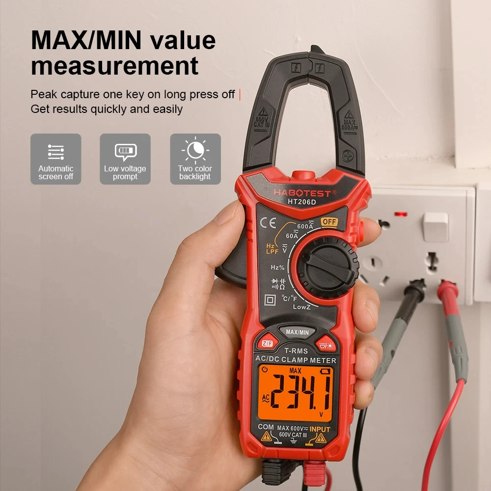 HT206 Digital Clamp Meter TRMS 6000 Counts Multimeter AC/DC Voltage Current NCV Resistance Continuity Temp Capacitance Tester