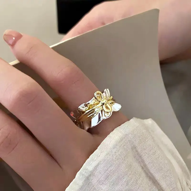 2024 New Irregular Bow Metallic Wide Statement Fashion Rings For Women Unique Design Adjustable Ring Jewelry Bijoux