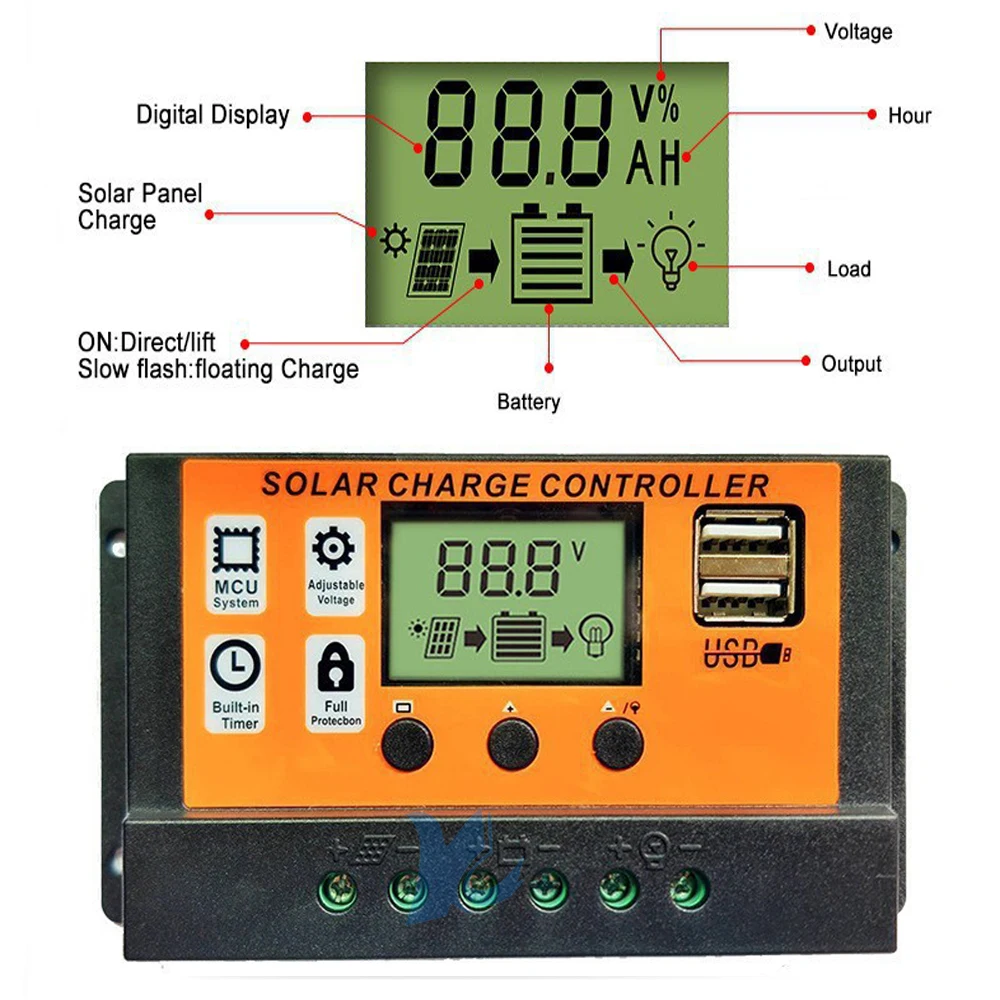 

Intelligent Solar Controller 10A 20A 30A 40A 50A 60A 80A 100A 12V 24V Auto Recognition LCD Display With USB Port PWM Regulator