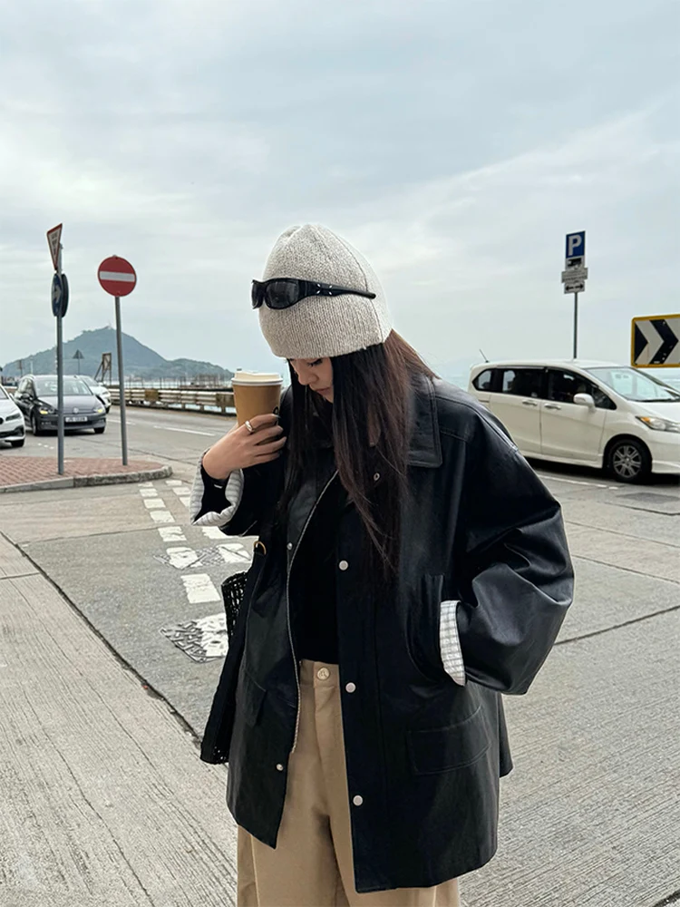 เสื้อแจ็คเก็ตหนัง PU ลายทางแนวตั้ง สไตล์เรโทร รุ่นสบายๆ เท่ๆ สไตล์ไบค์เกอร์ สำหรับผู้หญิง