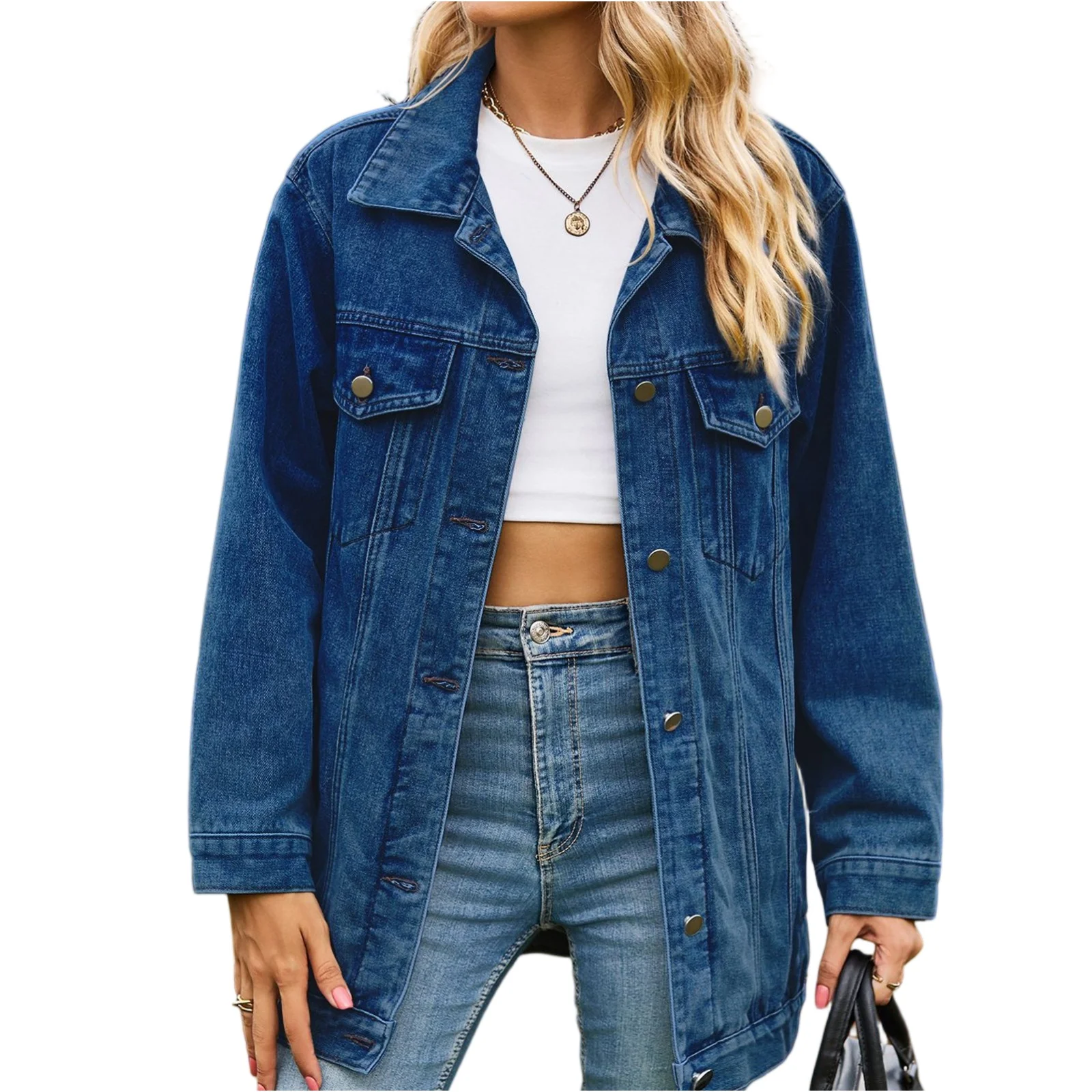 

Vintage Autumn Winter Classic Versatile Denim Jacket for Women Fashion Loose Mid Length Jeans Coat Casual Female Clothing